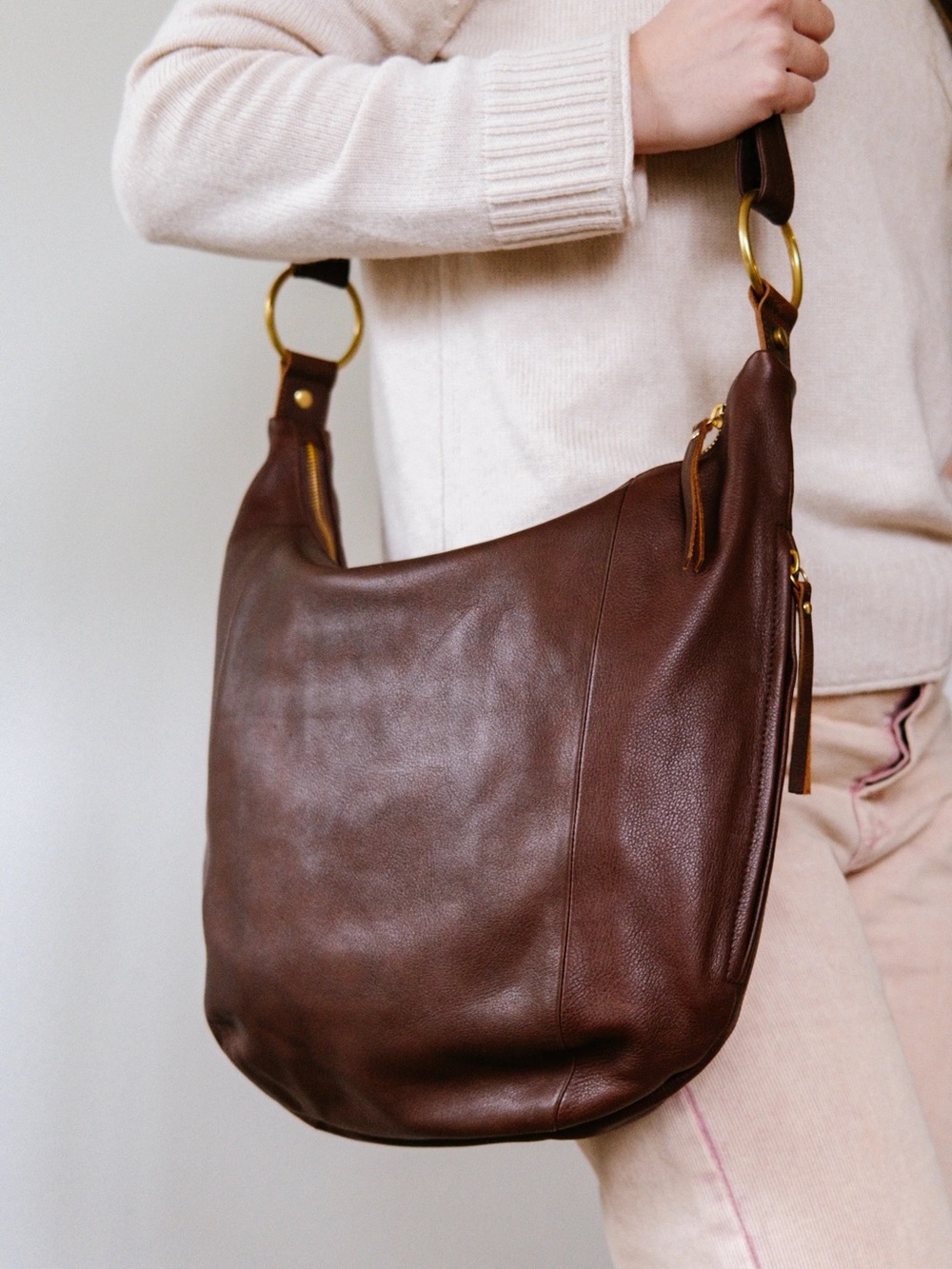 Espresso Brown Leather Shoulder Bag with Gold Ring Accents- NEW